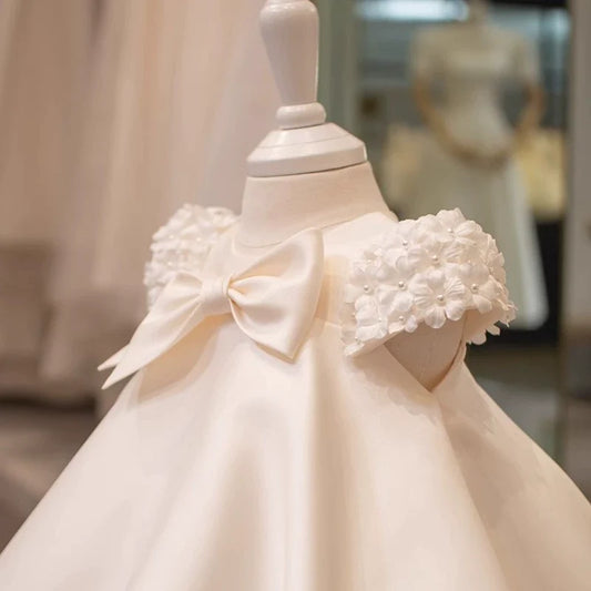 Vestido de Festa Infantil com Laço e Mangas Florais Bege