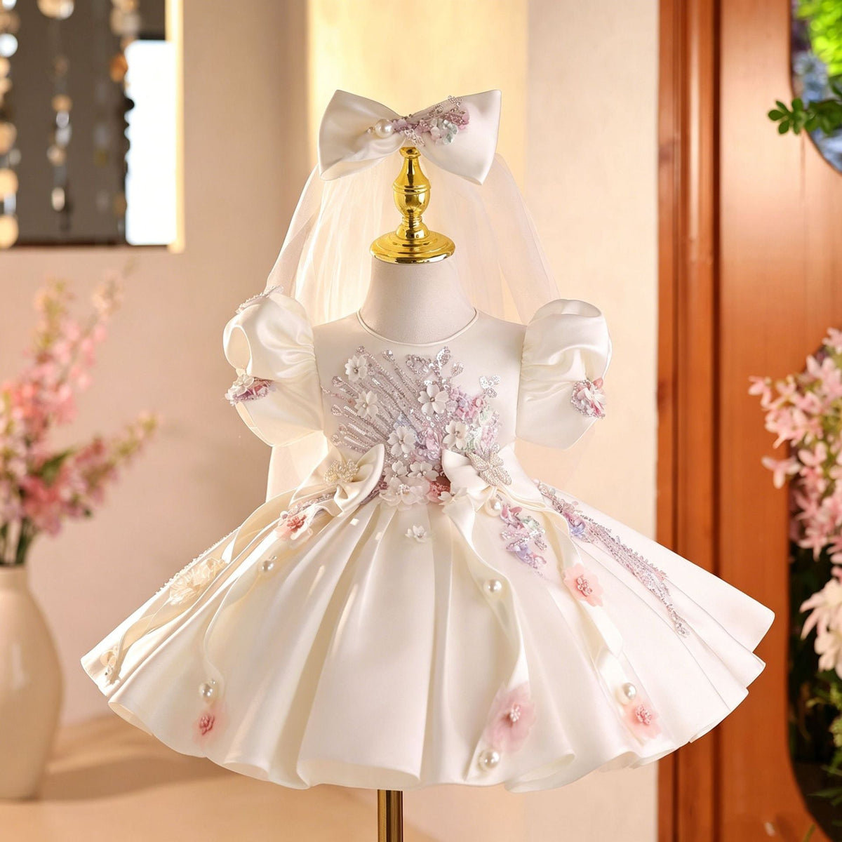 White Children's Dress with Shiny Flowers