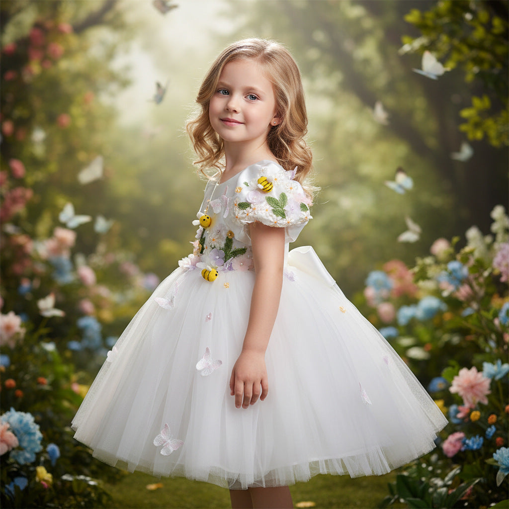 White Children's Dress with Little Bees