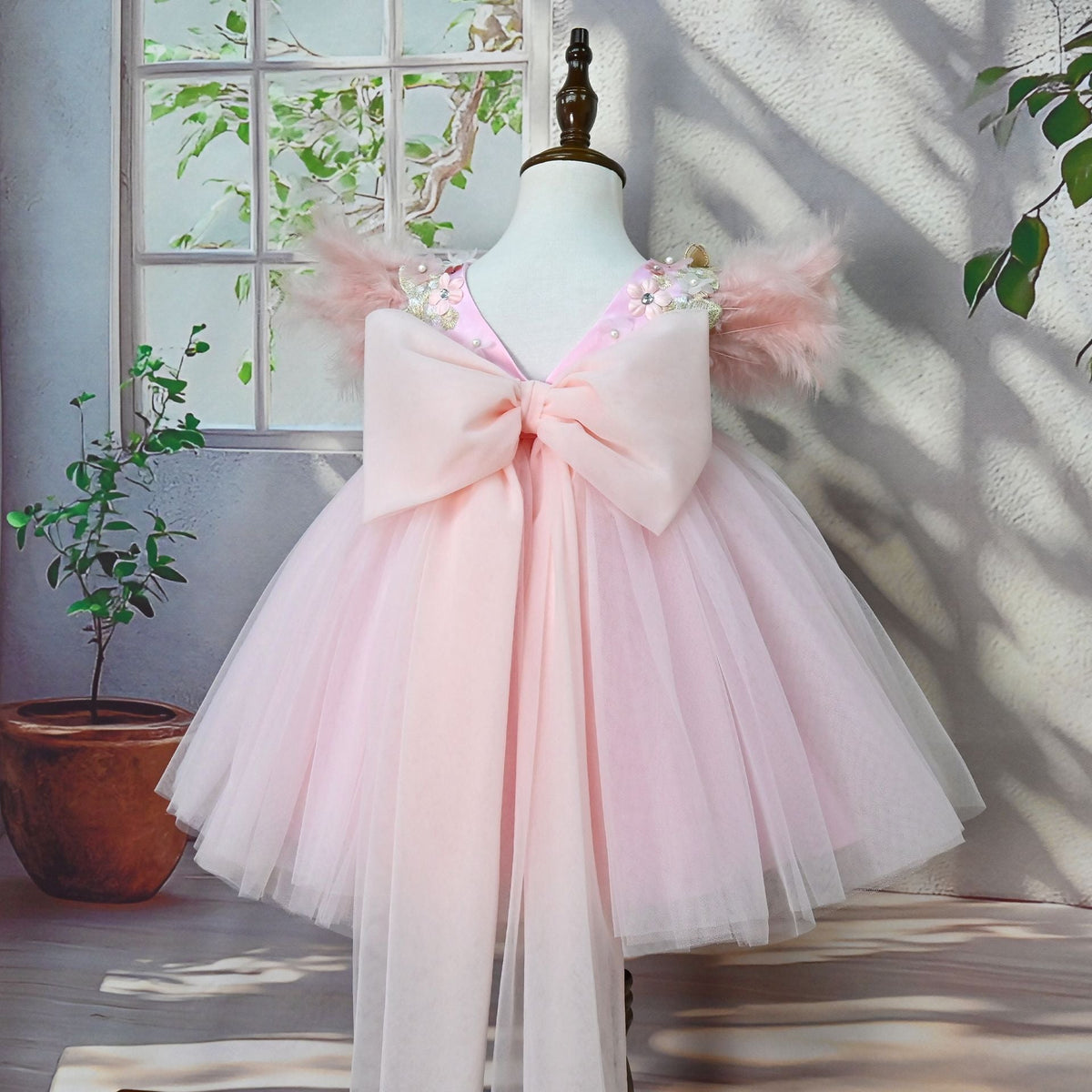 Feather Sleeve Flowers Party Dress