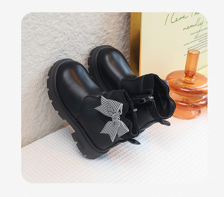 Girls' Boots with Bow and Checkered Pattern