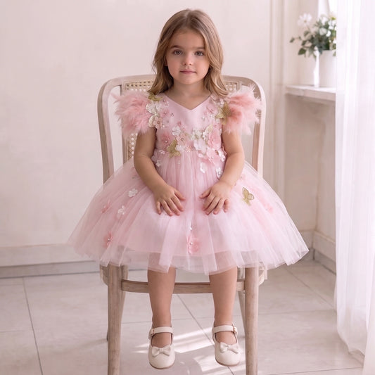 Feather Sleeve Flowers Party Dress
