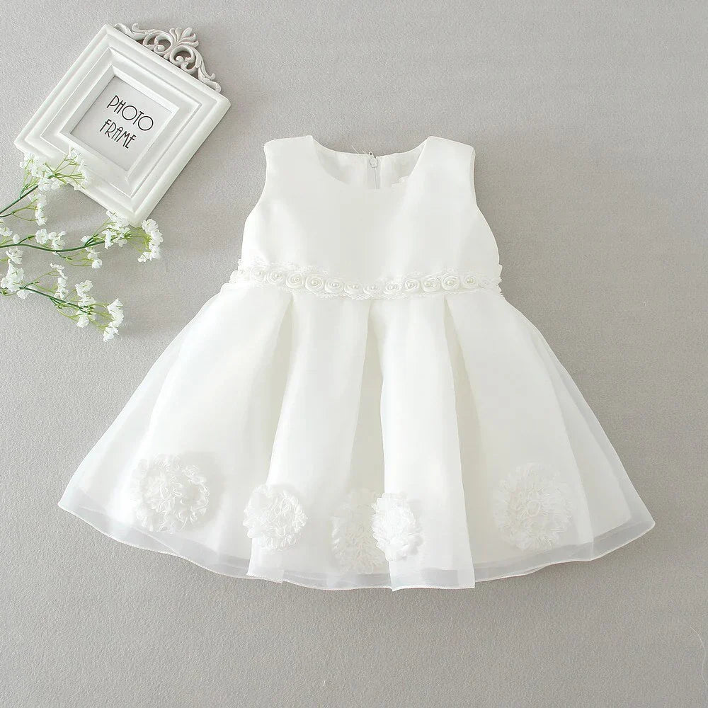Children's White Dress with Bow and Flowers