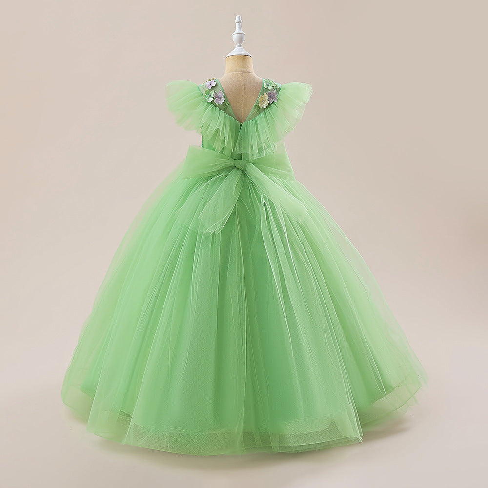 Green Girls' Dress with Small Flowers and a Small Bow