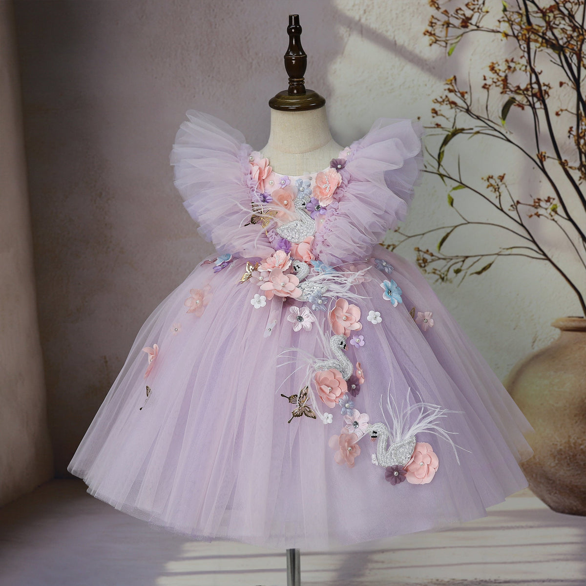 Children's Party Dress with Floral Flamingo Print