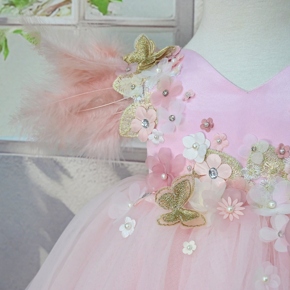 Feather Sleeve Flowers Party Dress