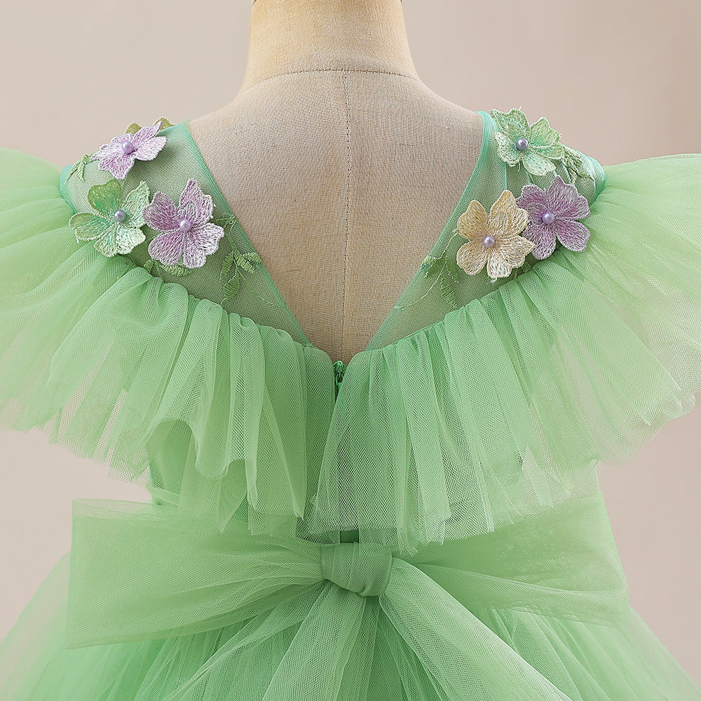 Green Girls' Dress with Small Flowers and a Small Bow