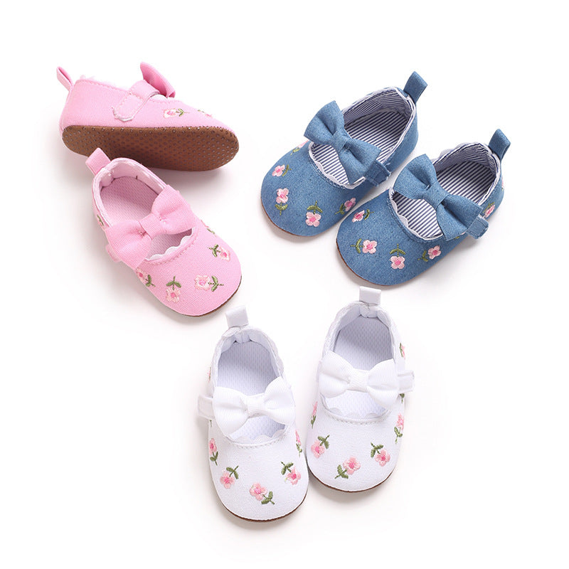 Children's Shoes with Little Flowers and a Small Bow