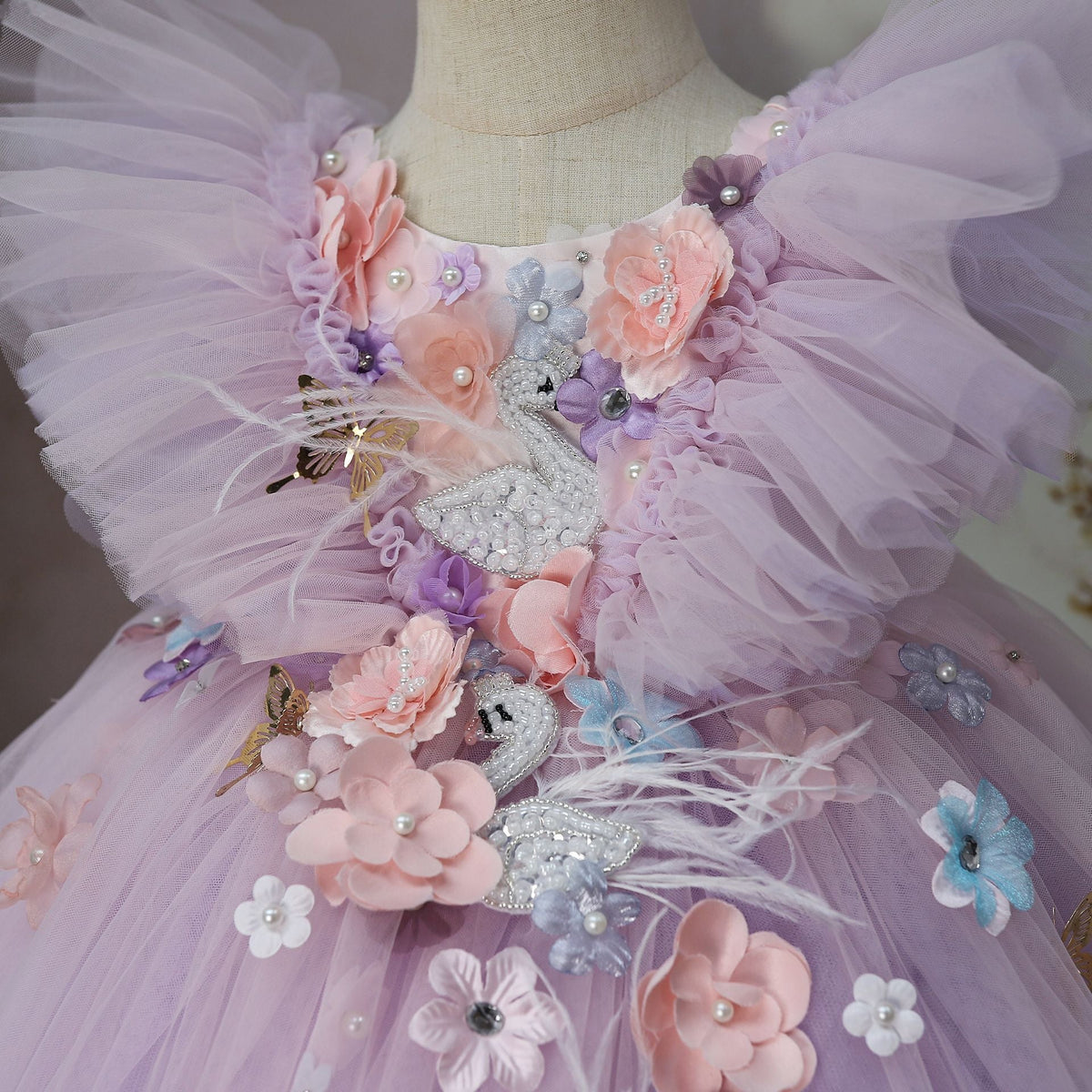 Children's Party Dress with Floral Flamingo Print