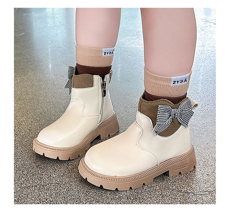 Girls' Boots with Bow and Checkered Pattern