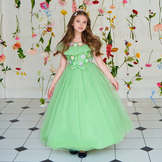 Green Girls' Dress with Small Flowers and a Small Bow