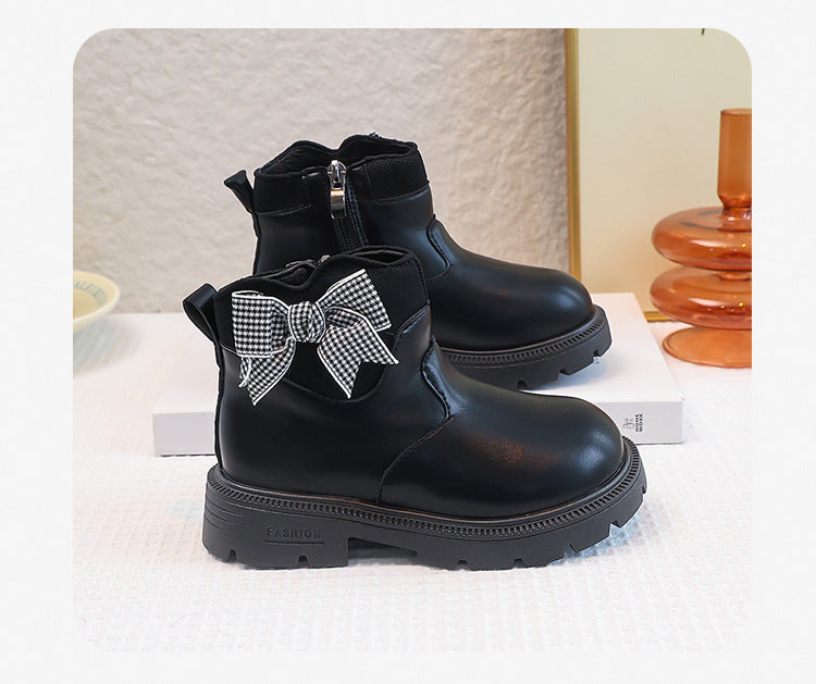 Girls' Boots with Bow and Checkered Pattern