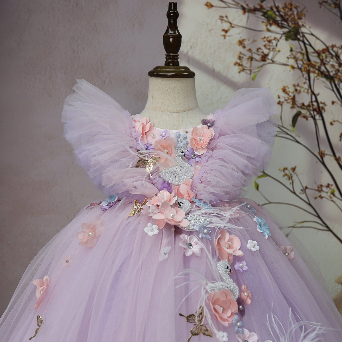 Children's Party Dress with Floral Flamingo Print