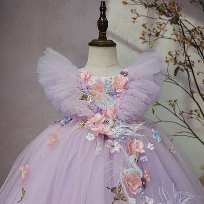 Children's Party Dress with Floral Flamingo Print