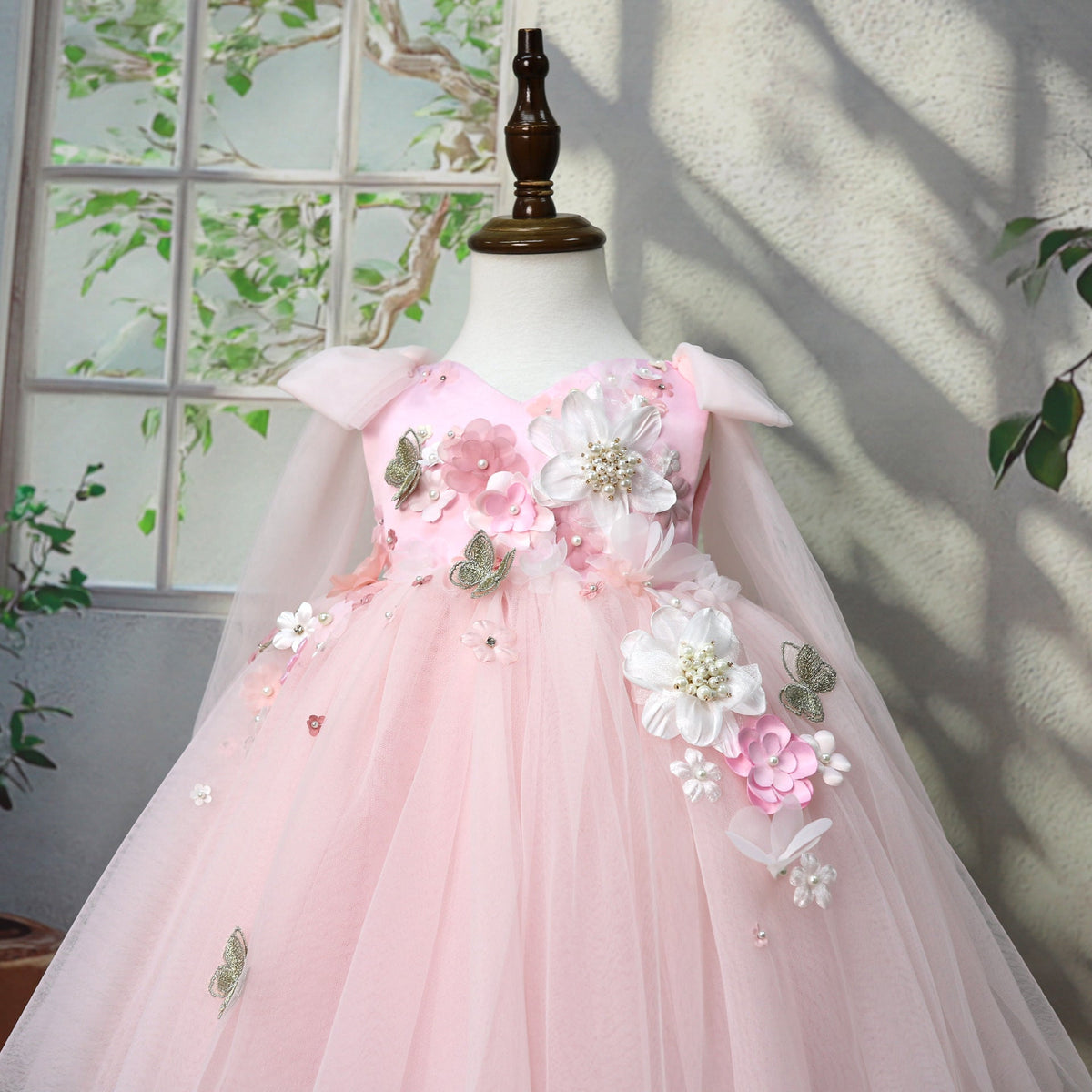 Pink Floral and Tulle Dress for Girls