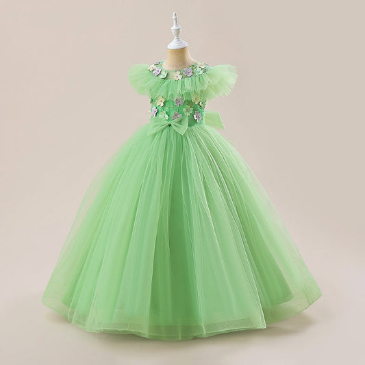 Green Girls' Dress with Small Flowers and a Small Bow