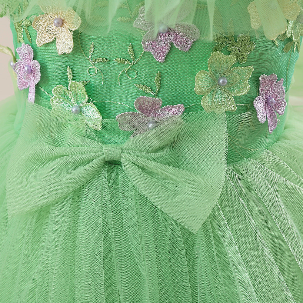 Green Girls' Dress with Small Flowers and a Small Bow