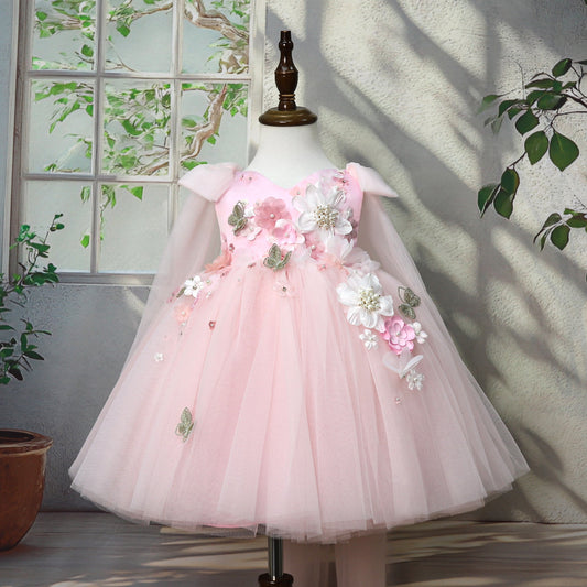 Pink Floral and Tulle Dress for Girls