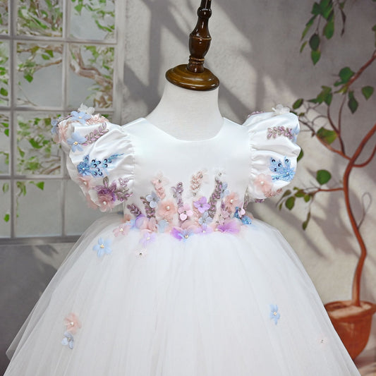White Party Dress with Colorful Flowers