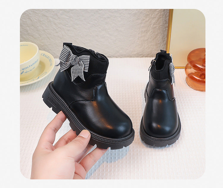Girls' Boots with Bow and Checkered Pattern