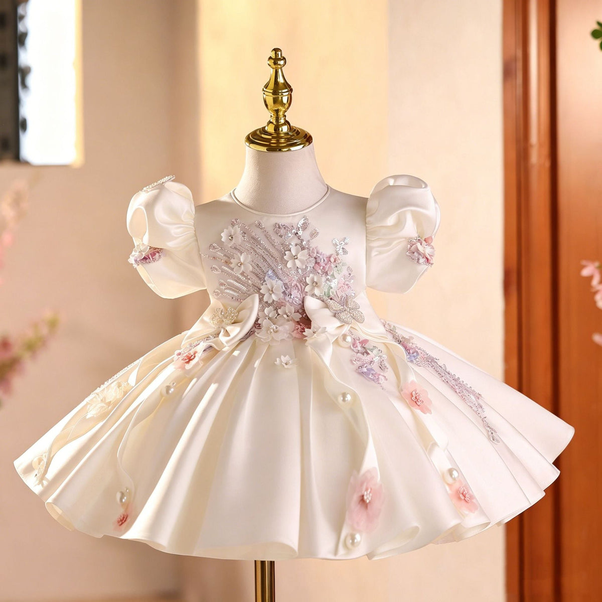 White Children's Dress with Shiny Flowers