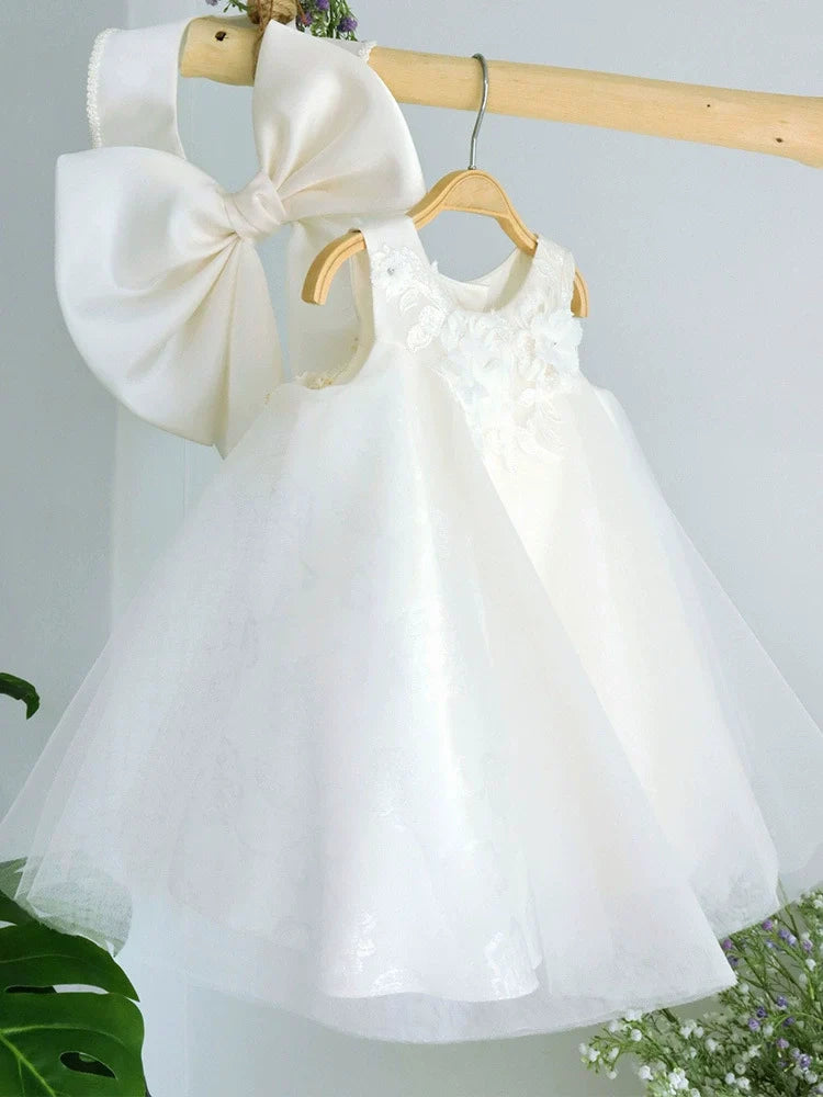 White Children's Dress with Flowers and Bow