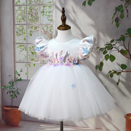 White Party Dress with Colorful Flowers