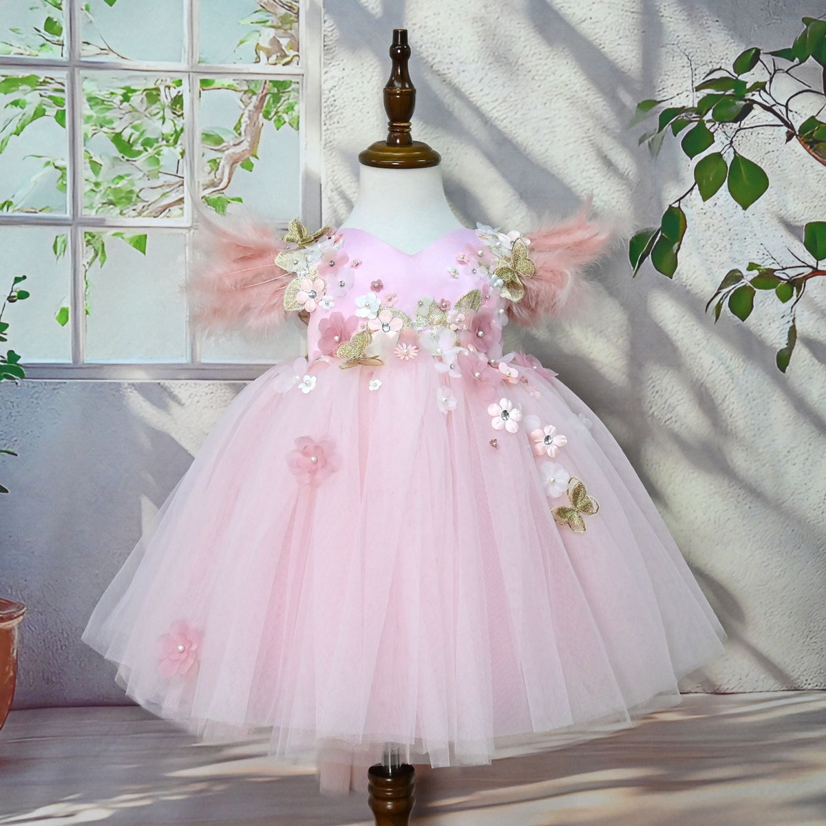 Feather Sleeve Flowers Party Dress
