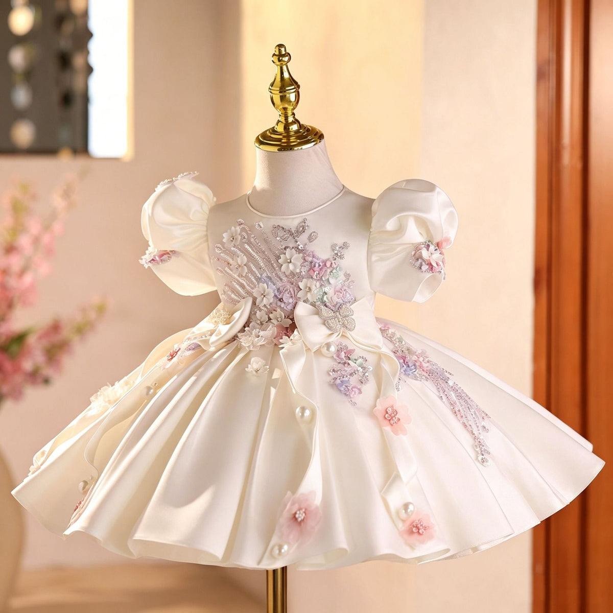 White Children's Dress with Shiny Flowers
