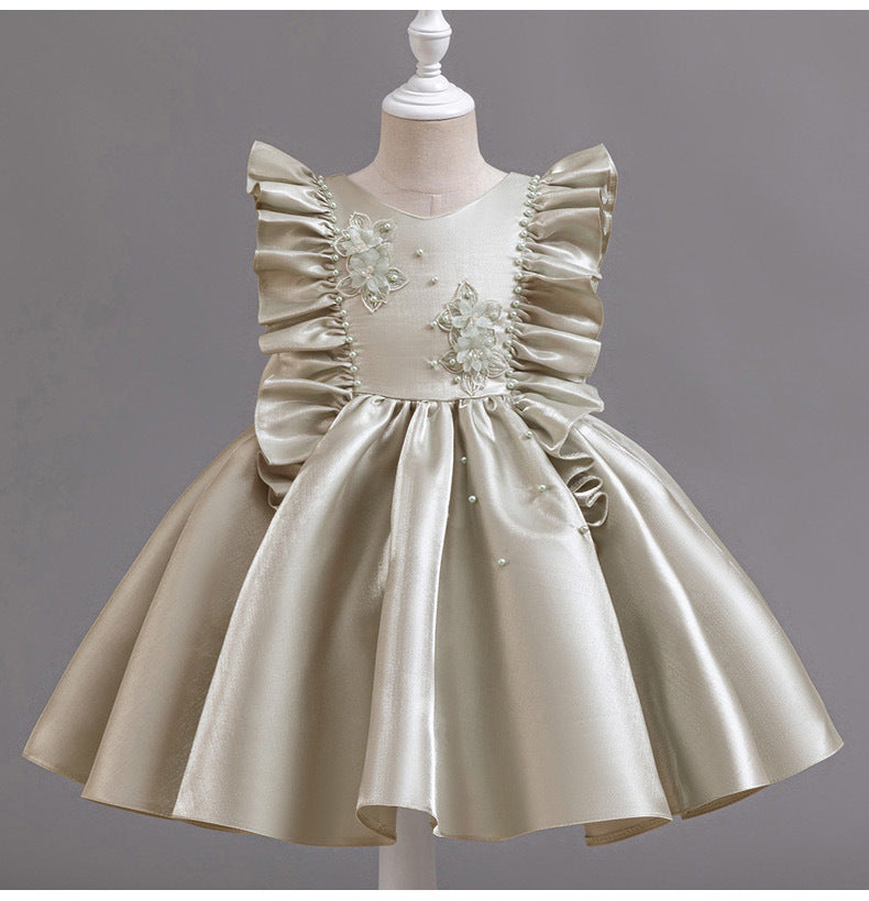 Luxury Party Dress with Flowers and Pearls