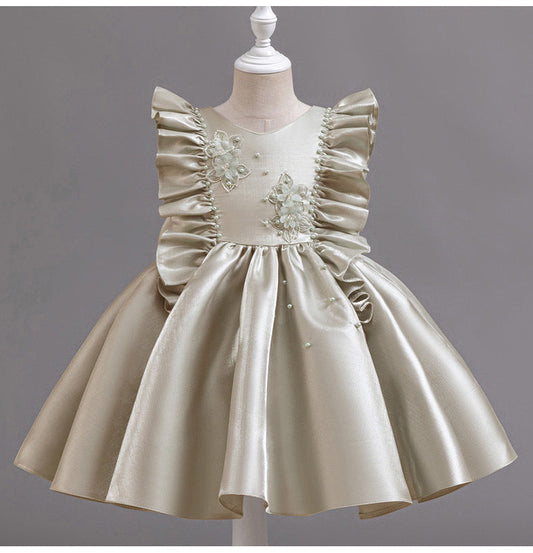 Luxury Party Dress with Flowers and Pearls