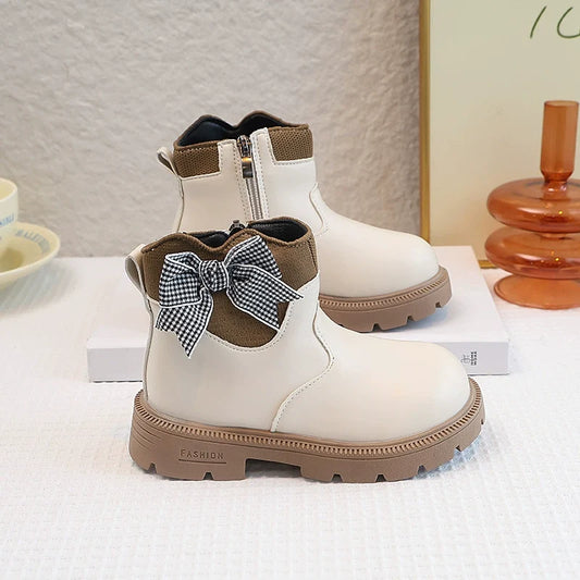 Girls' Boots with Bow and Checkered Pattern