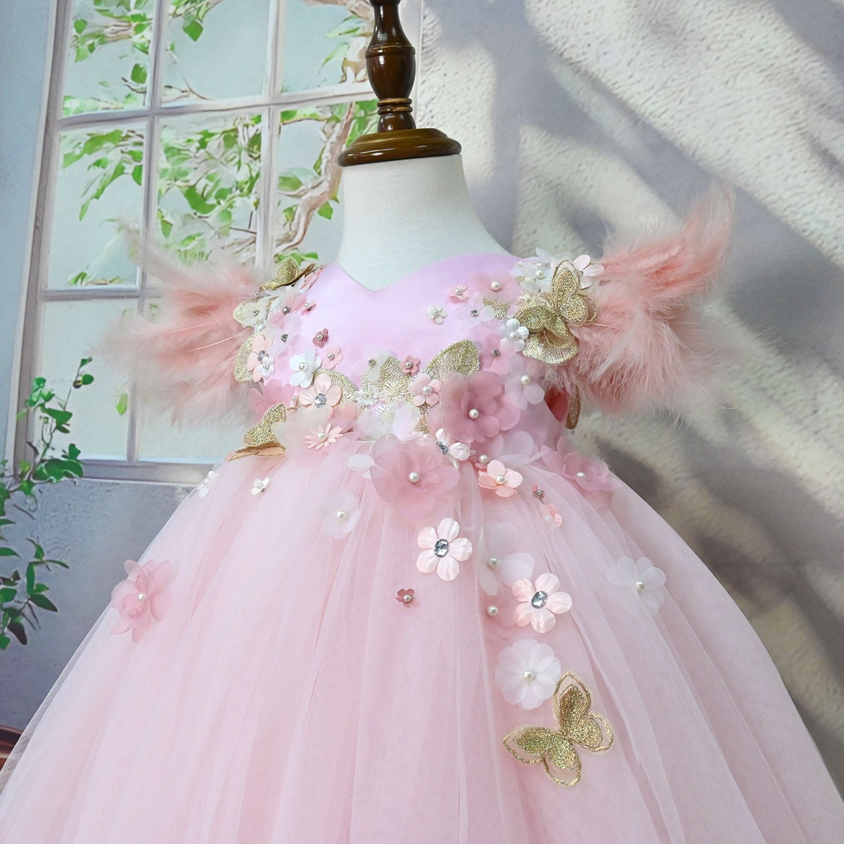 Feather Sleeve Flowers Party Dress