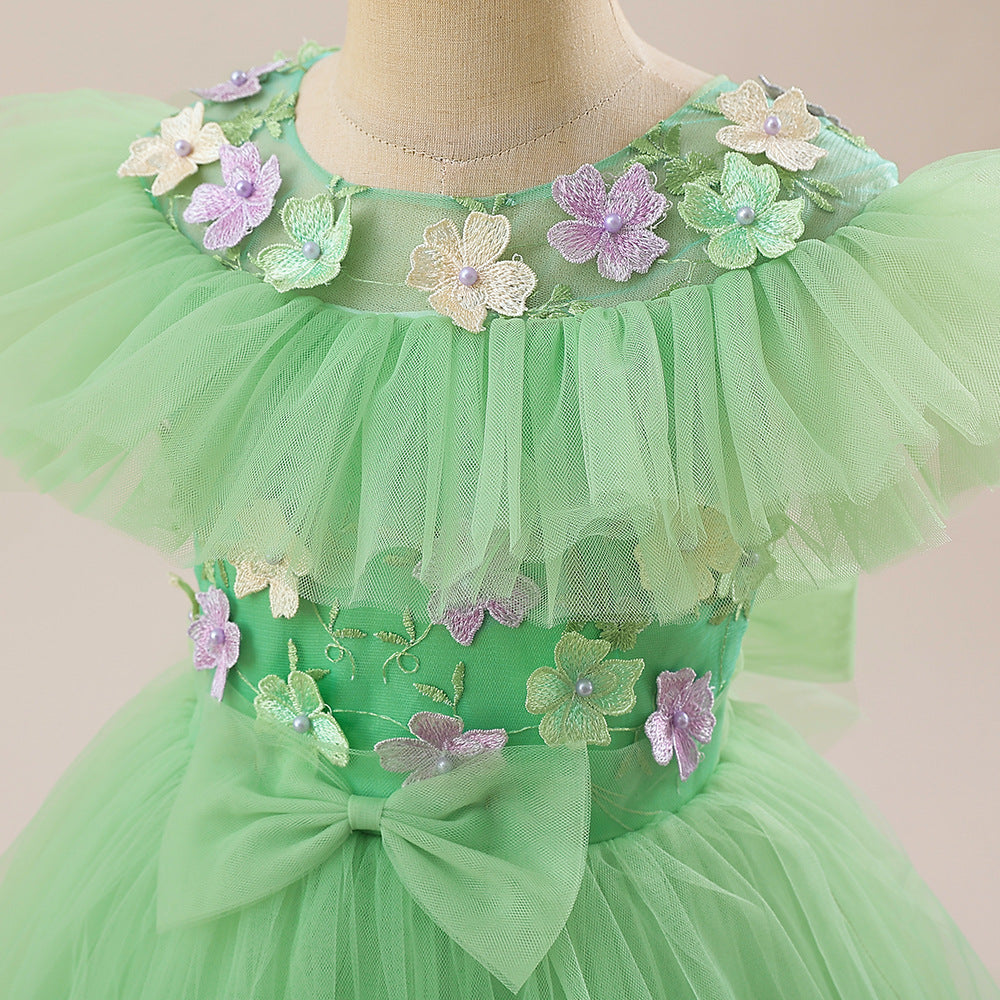 Green Girls' Dress with Small Flowers and a Small Bow