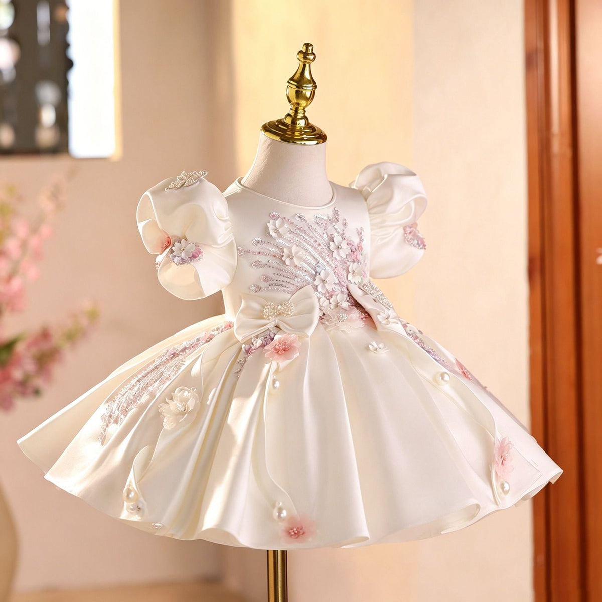 White Children's Dress with Shiny Flowers