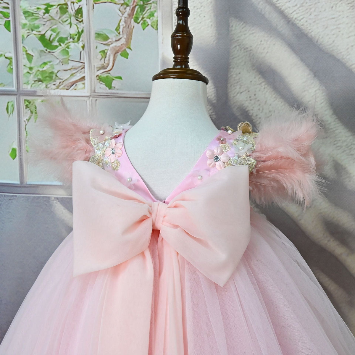 Feather Sleeve Flowers Party Dress
