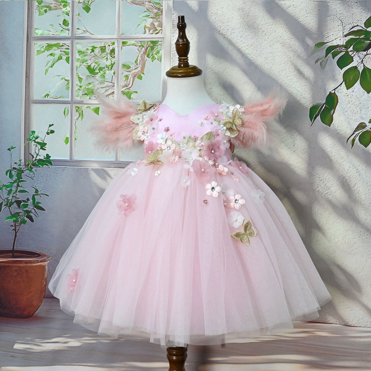 Feather Sleeve Flowers Party Dress