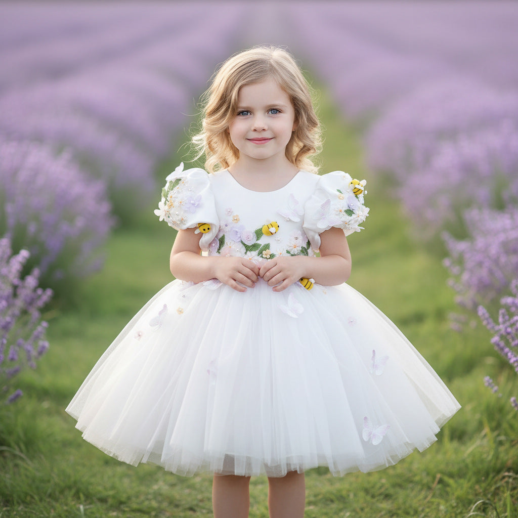 White Children's Dress with Little Bees