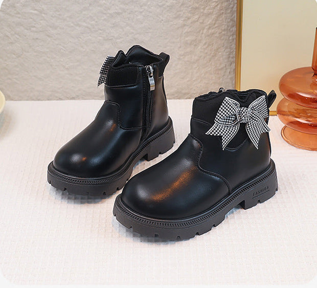 Girls' Boots with Bow and Checkered Pattern