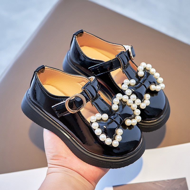Girls Pearl & Bow Leather Mary Janes – Charmy