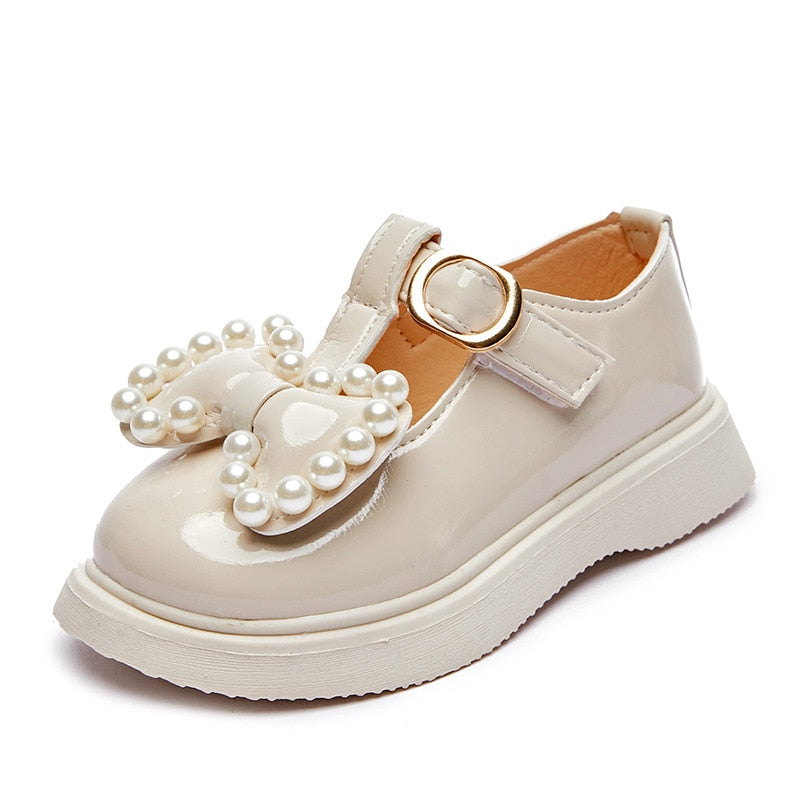 Girls Pearl & Bow Leather Mary Janes – Charmy