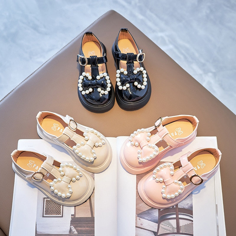 Girls Pearl & Bow Leather Mary Janes – Charmy