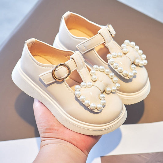 Girls Pearl & Bow Leather Mary Janes – Charmy