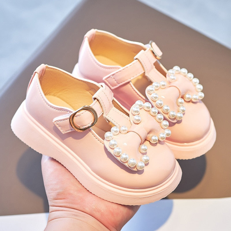 Girls Pearl & Bow Leather Mary Janes – Charmy