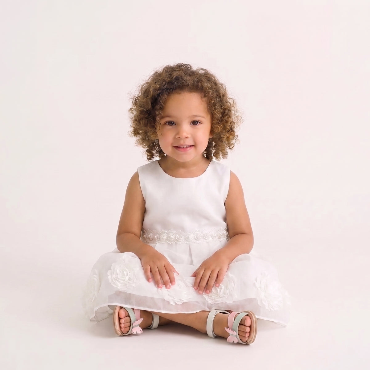 Children's White Dress with Bow and Flowers