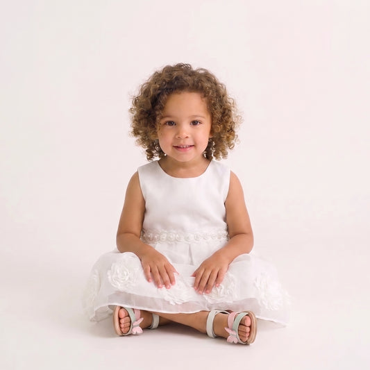 Children's White Dress with Bow and Flowers