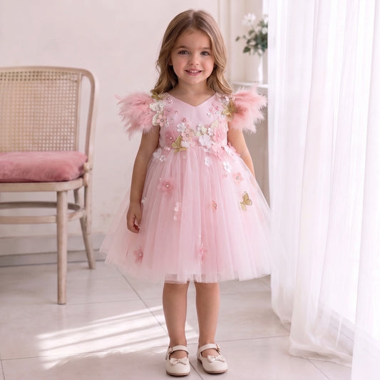 Feather Sleeve Flowers Party Dress