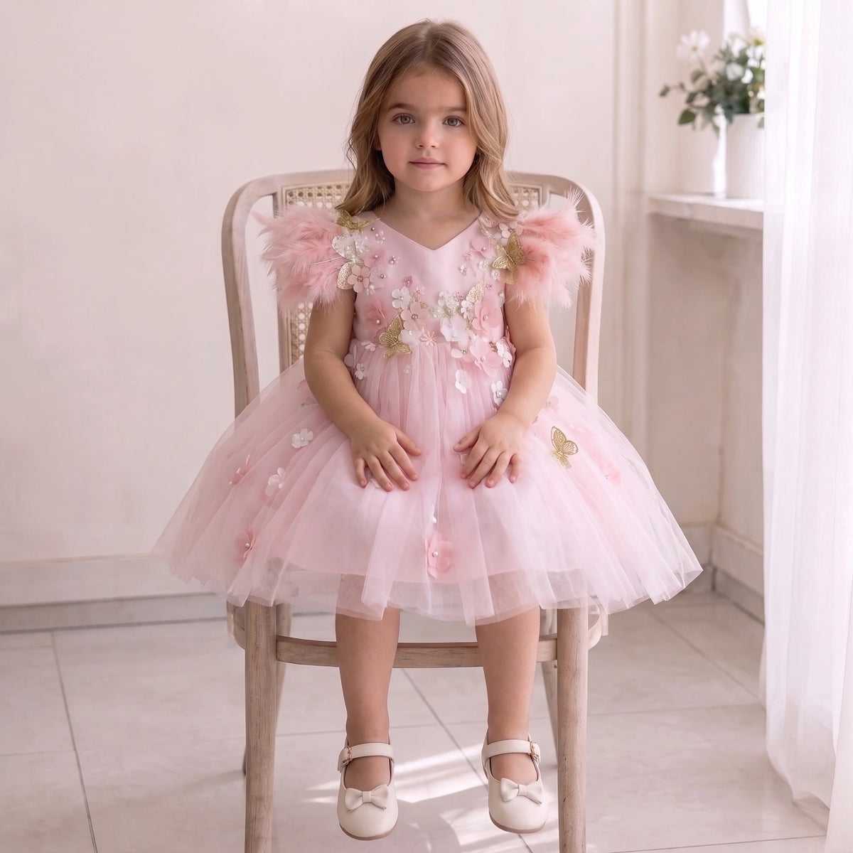 Feather Sleeve Flowers Party Dress
