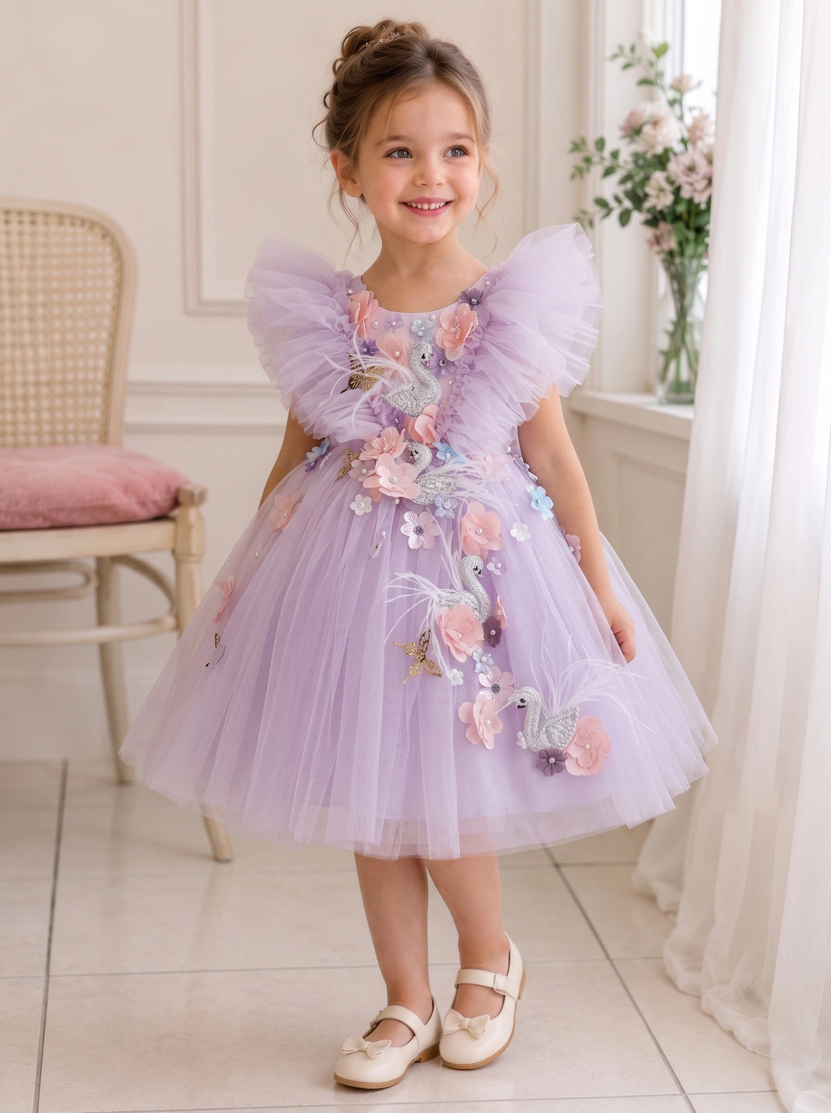 Children's Party Dress with Floral Flamingo Print