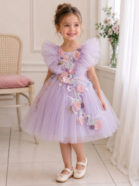 Children's Party Dress with Floral Flamingo Print